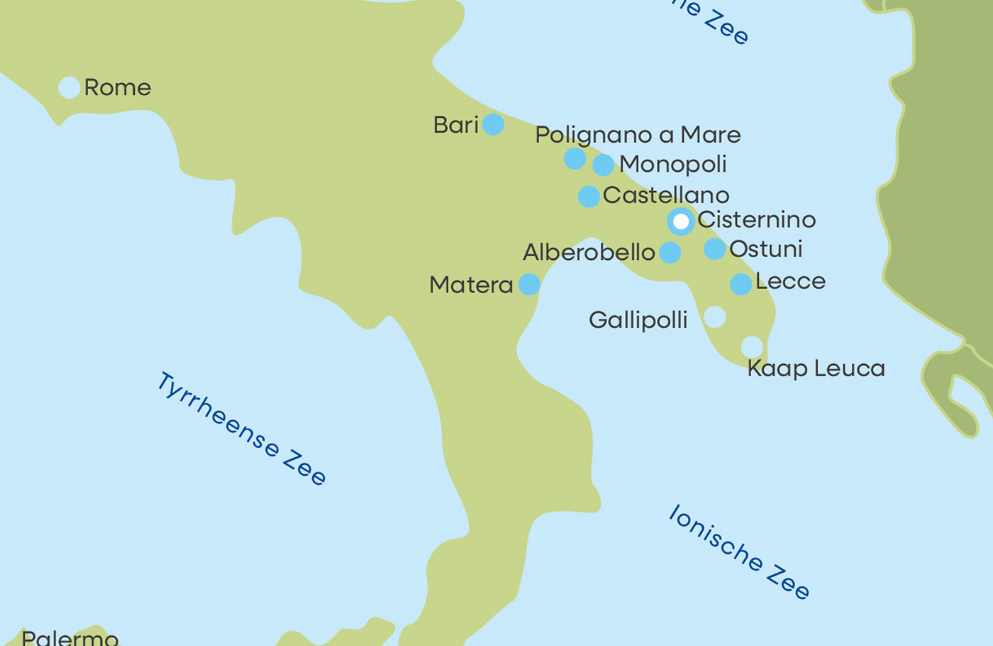 Rondreis Apulië, Maaskant Reizen, rondreis per luxe comfort-class touringcar we bezoeken o.a. Lecce, Alberobello, Cisternino, Monopoli, Polignano, Matera en Bari.